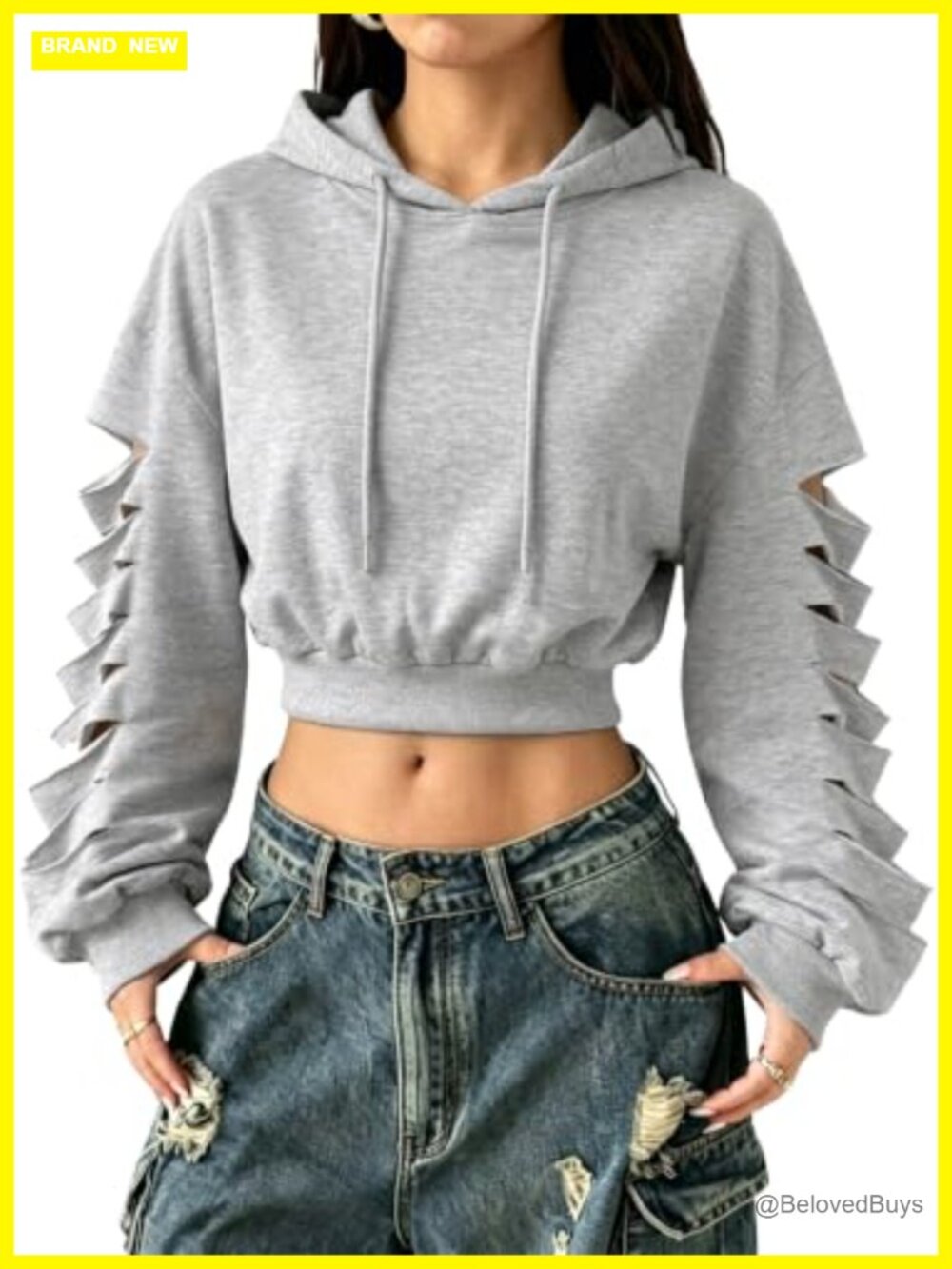 Ripped Cropped Hoodie with Cut Out Sleeves Distressed Pullover